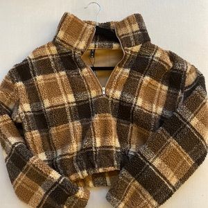 Brown & Black Plaid Cropped Sherpa Fleece 3/4 Zip Sweater